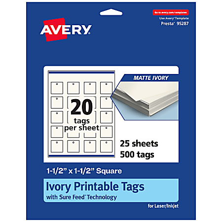Avery® Printable Tags With Sure Feed® Technology, Print-To-The-Edge, 1.5"x1.5", Matte Ivory, Pack Of 500
