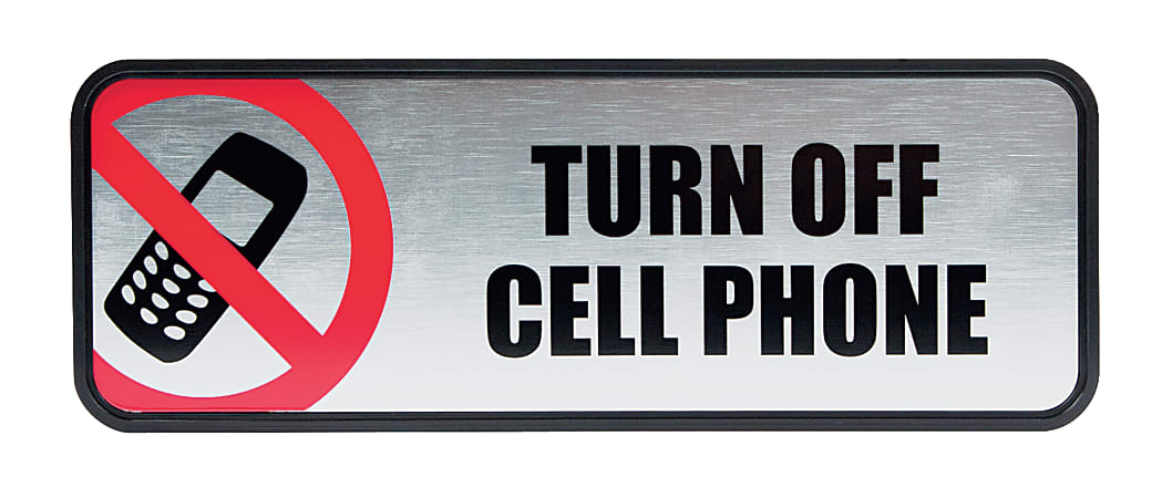 COSCO Turn Off Cell Phone Image/Message Sign - 1 Each - Turn Off Cell Phone Print/Message - 9" Width x 3" Height - Rectangular Shape - Metal - Silver, Red, Metallic