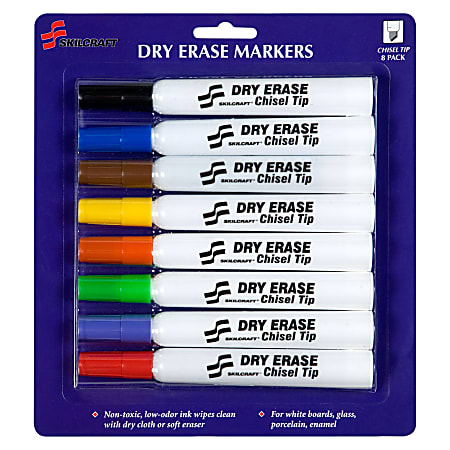SKILCRAFT® Dry-Erase Markers, Chisel Tip, Assorted Colors, Pack Of 8 (AbilityOne 7520-01-186-3605)