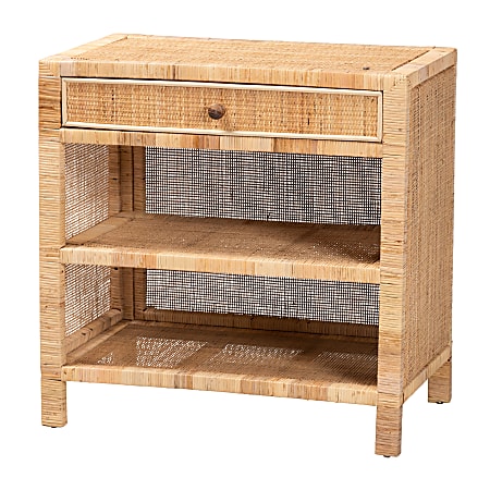bali & pari Bella Modern Bohemian Mahogany Wood And Natural Rattan 1-Drawer Console Table, 29-15/16”H x 29-15/16”W x 18-5/16”D, Natural Brown