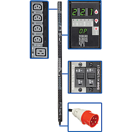 Tripp Lite PDU 3-Phase Switched 220V/230V 22.1kW C13 C19 IEC309 32A Red 0U - 24 x IEC 60320 C13, 6 x IEC 60320 C19 - 22.10 kVA - 0U Vertical Rackmount"