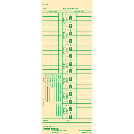 Office Depot® Brand Time Cards With Deductions, Weekly, Days 1–7, 1-Sided, 3 3/8" x 8 7/8", Manila, Pack Of 100
