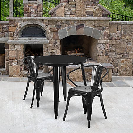 Flash Furniture Commercial Grade Round Metal Indoor-Outdoor Table Set With 2 Arm Chairs, 29-1/2"H x 30"W x 30"D, Black