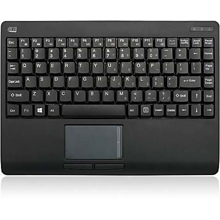 Adesso Wireless Mini Touchpad Keyboard - Wireless Connectivity - RF - 30 ft - 2.40 GHz - USB Interface - 87 Key Power Switch, Connect, Right Mouse, Left Mouse Hot Keys - English US - Computer - Black