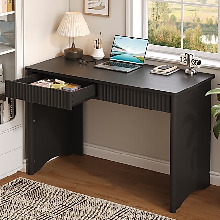 Bestier 47"W Fluted Computer Writing Desk with 2 Drawers for Home Office, Black