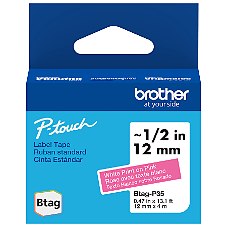 Brother P-touch Btag Label Tape, BTAGP35, 0.47 in by 13.1 ft, White on Pink