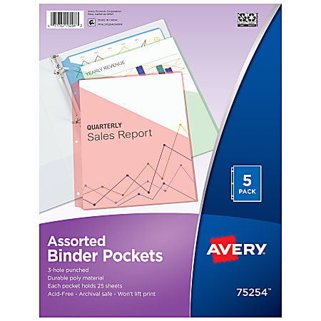 Avery® Binder Pockets For 3 Ring Binders, Assorted (Blue, Clear, Green, Pink, Yellow), Pack Of 5 Binder Pockets