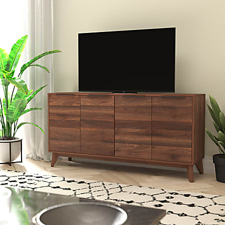 Flash Furniture Hatfield Mid-Century Modern 4-Door Storage TV Stand For 64" TVs, Dark Walnut