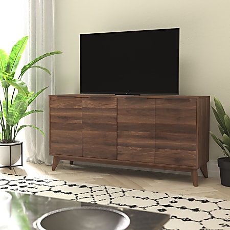 Flash Furniture Hatfield Mid-Century Modern 4-Door Storage TV Stand For 64" TVs, Dark Walnut