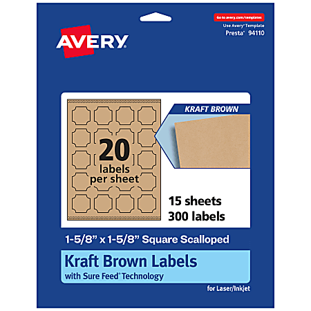 Avery® Kraft Permanent Labels With Sure Feed®, 94110-KMP15, Square Scalloped, 1-5/8" x 1-5/8", Brown, Pack Of 300