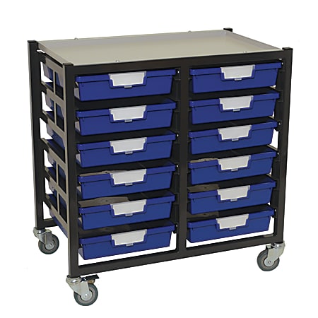 Storsystem Standard Width Mobile Metal Storage Rack, 12 Single-Depth Trays, 29 1/8" x 29 1/2" x 17 7/8", Dark Gray/Light Gray