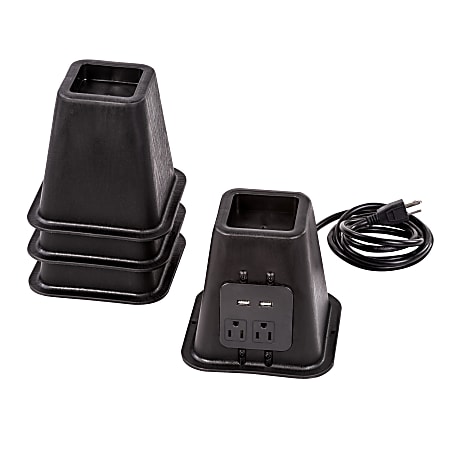 Honey Can Do Bed Risers With Power Outlets And USB Ports, 6”H x 6-1/2”W x 6-1/2”D, Black, Set Of 4 Risers