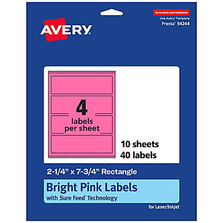Avery® Print-To-The-Edge Labels With Sure Feed® Technology, 94244-BPP10, Rectangle, 2-1/4" x 7-3/4", Matte Bright Pink, Pack of 40