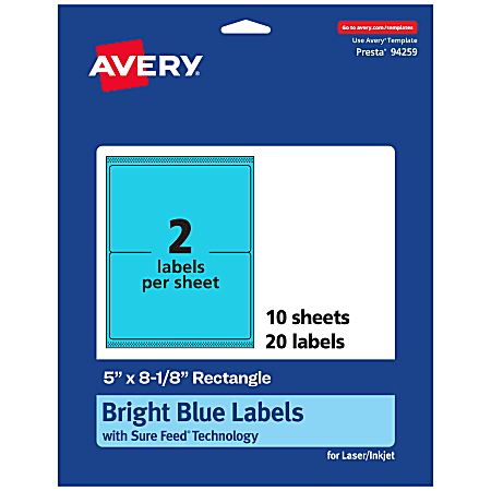 Avery® Printable Labels With Sure Feed® Technology, 94259-BBP10, Rectangle, 5" x 8-1/8", Matte Bright Blue, Pack of 20