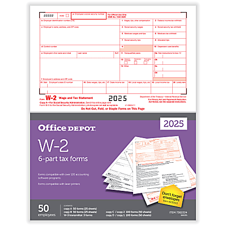 Office Depot® W-2 Laser Tax Forms, 6-Part, 2-Up, 8-1/2" x 11", Pack Of 50 Form Sets, 56025