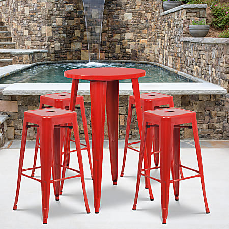 Flash Furniture Commercial-Grade Round Metal Indoor/Outdoor Bar Table Set With 4 Square Backless Stools, 41"H x 24"W x 24"D, Red