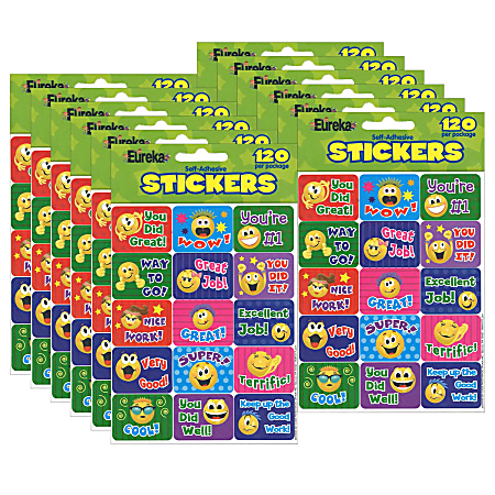 Eureka Success Stickers, Emoticons, 120 Stickers Per Pack, Set Of 12 Packs