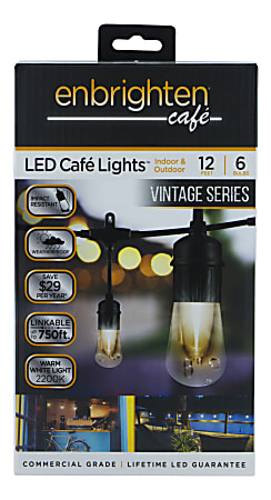 Enbrighten Vintage LED Café Lights, 12', Indoor/Outdoor, Black Cord/White Lights