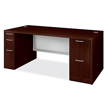 HON® Attune Double-Pedestal Desk With Frosted Panel, 29 1/2"H x 72"W x 36"D, Mahogany