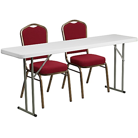 Flash Furniture Plastic Folding Training Table with 2 Crown-Back Stack Chairs, 29"H x 72"W x 18"D, Burgundy/White