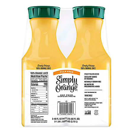 Simply Orange Pulp Free Orange Juice 46 Oz Pack Of Bottles