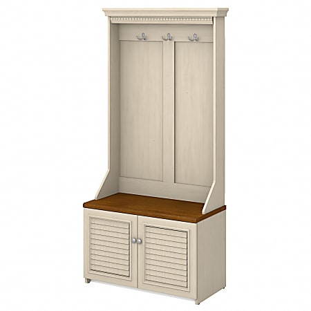 Bush® Furniture Fairview Hall Tree With Shoe Storage Bench, Antique White/Tea Maple, Standard Delivery