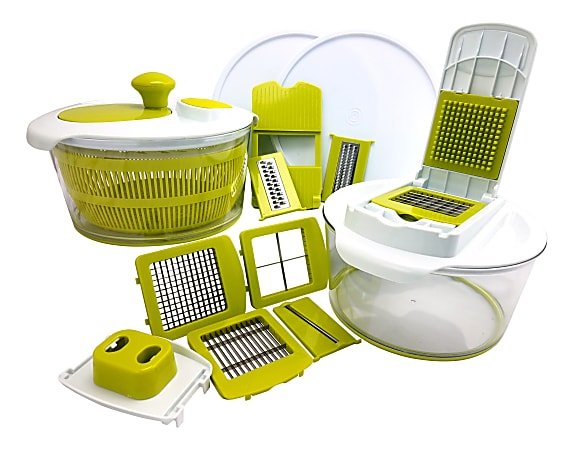 MegaChef 10-in-1 Multi-Use Salad Spinning Slicer, Dicer and Chopper with Interchangeable Blades and Storage Lids, Green