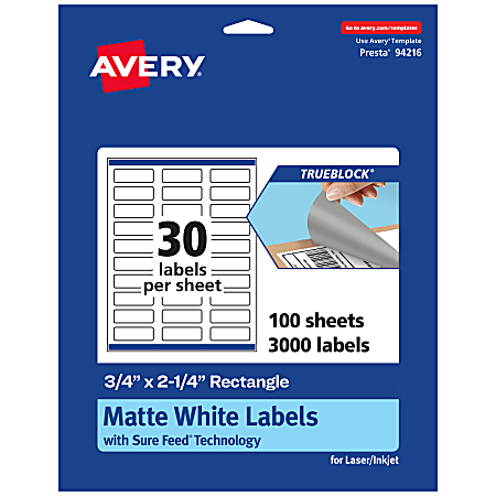 Avery® Print-To-The-Edge TrueBlock® Labels With Sure Feed®, 94216-TWMP100, Rectangle, 3/4" x 2-1/4", Matte White, Pack Of 3000