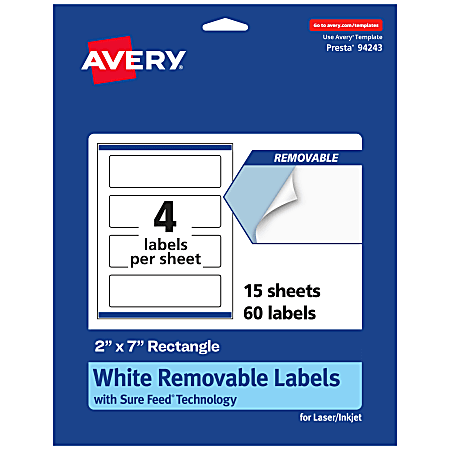 Avery® Removable Labels With Sure Feed®, 94243-RMP15, Rectangle, 2" x 7", White, Pack Of 60 Labels