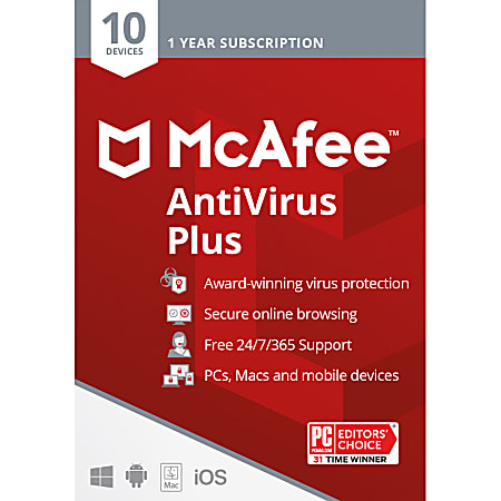 McAfee® AntiVirus Plus, For 10 Devices, Antivirus Security Software, 1-Year Subscription, Download