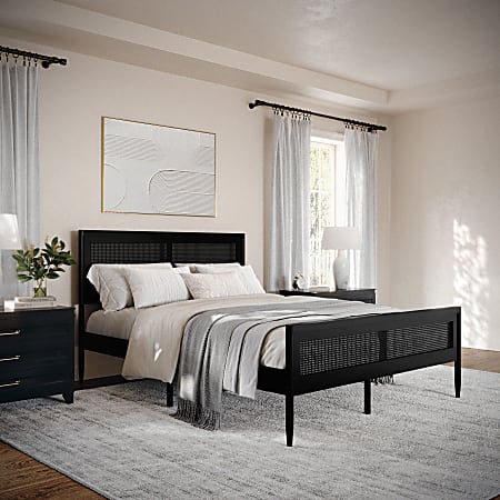 Flash Furniture Martha Stewart Jax Solid Wood Platform Bed with Rattan Headboard and Footboard, No Box Spring Required, Black, Queen