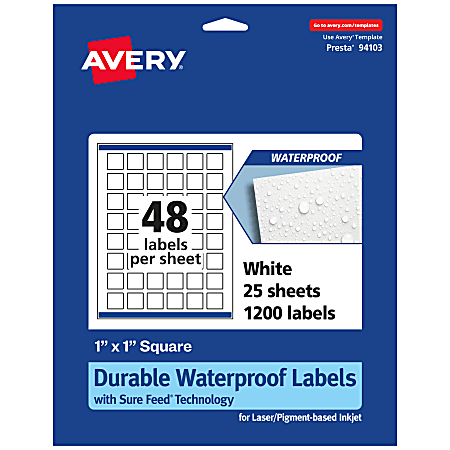 Avery® Waterproof Permanent Labels With Sure Feed®, 94103-WMF25, Square, 1" x 1", White, Pack Of 1,200