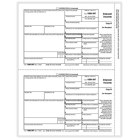 ComplyRight® 1099-INT Tax Forms, 2-Up, Recipient Copy B, Laser, 8-1/2" x 11", White, Pack Of 100 Forms