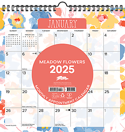 2025 Willow Creek Press Spiral Art Wall Calendar, 12” x 12”, Meadow Flowers, January 2025 To December 2025, 47989