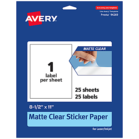 Avery® Permanent Labels, 94269-CMF25, Rectangle, 8-1/2" x 11", Matte Clear, Pack Of 25