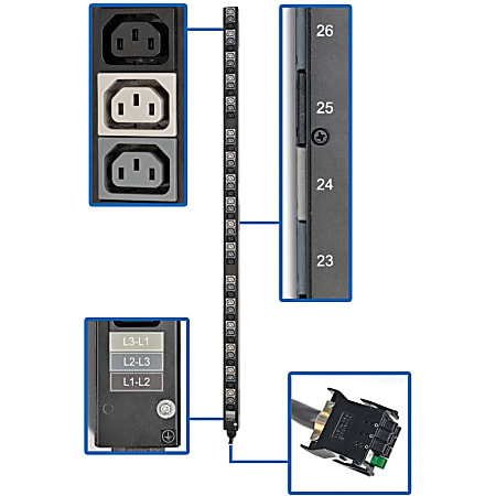 Tripp Lite PDU 8.6/12.6kW 3-Phase Vertical PDU Strip 208V Outlets (51 C13) - 51 x IEC 60320 C13 - 200 V AC, 208 V AC, 220 V AC, 230 V AC, 240 V AC - 12.60 kVA - 0U - Vertical Rackmount