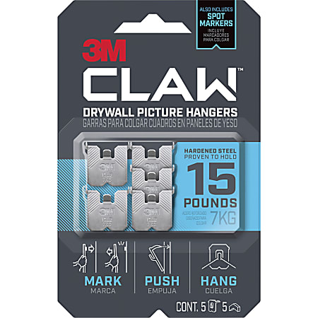 3M CLAW Drywall Picture Hanger - 15 lb (6.80 kg) Capacity - for Pictures, Mirror, Decoration, Art, Home - Gray - 5 Each
