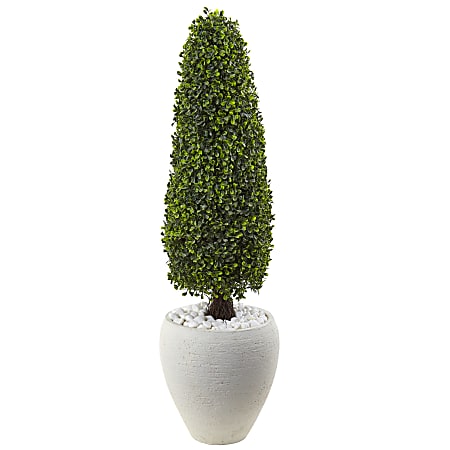 Nearly Natural 41" UV-Resistant Boxwood Topiary With Textured Planter, Green/White