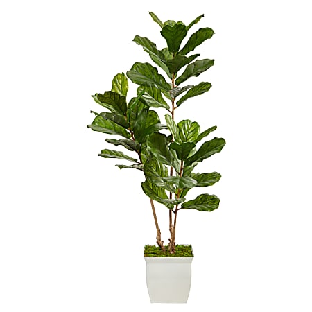Nearly Natural Fiddle Leaf 66”H Artificial Tree With Metal Planter, 66”H x 24”W x 20”D, Green/White