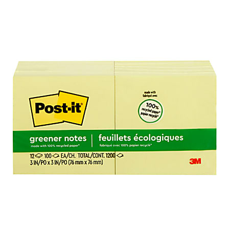 Post-it Greener Notes, 3 in x 3 in, 12 Pads, 100 Sheets/Pad, Clean Removal, Canary Yellow