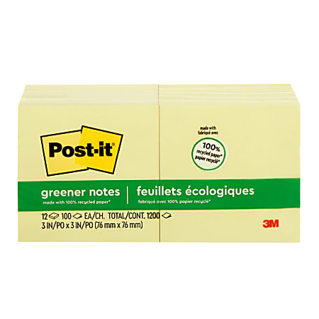 Post-it&reg; Greener 100% Recycled Paper Notes, 3 x 3 in, 12 Sticky Note Pads, 100 Sheets/Pad, School Supplies and Office Products, Canary Yellow