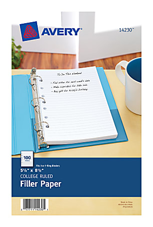 Avery® 7-Hole Punched Mini Binder Filler Paper, 5 1/2" x 8 1/2", College Ruled, Pack Of 100 Sheets