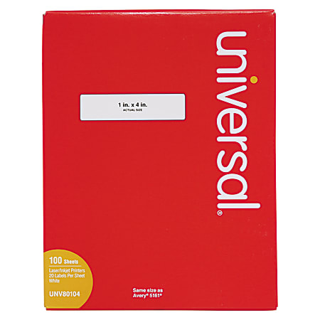 Universal® Permanent Inkjet/Laser Labels, UNV80104, Rectangle, 1" x 4", White, Box Of 2,000