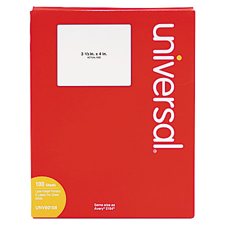 Universal® Permanent Printer Labels, UNV80108, Rectangle, 3 3/8" x 4", White, Box Of 600