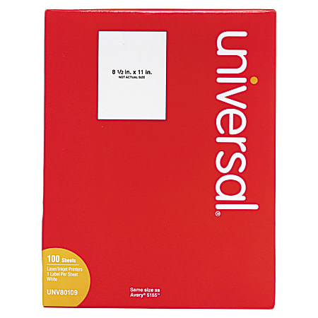 Universal® Permanent Inkjet/Laser Labels, UNV80109, Rectangle, 8 1/2" x 11", White, Box Of 100