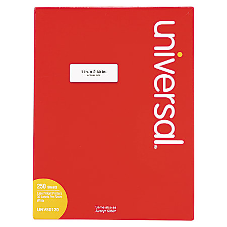 Universal® Permanent Inkjet/Laser Labels, UNV80120, Rectangle, 1" x 2 5/8", White, Box Of 7,500