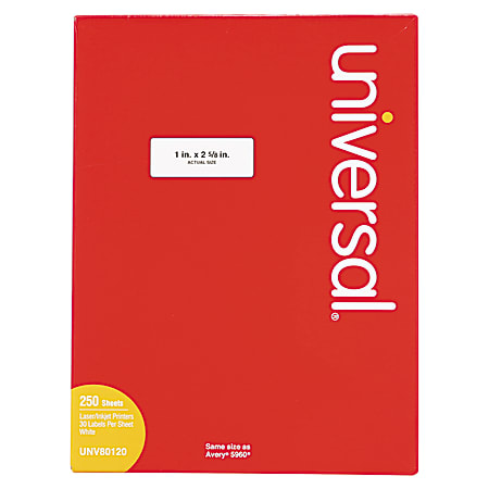 Universal® White Labels, Inkjet/Laser Printers, 1x2.63, White, 30/Sheet, 250 Sheets/PK