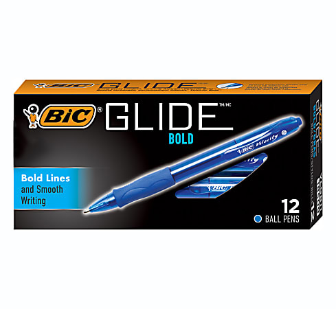 BIC® Glide Bold Ballpoint Pens, Bold Point, 1.6 mm, Translucent Barrel, Blue Ink, Pack Of 12 Pens