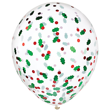 Amscan Christmas Holly Berry Confetti-Filled Latex Balloons, 12", Clear, Pack Of 18 Balloons