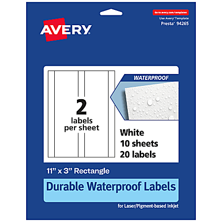Avery® Waterproof Permanent Labels, 94265-WMF10, Rectangle, 11" x 3", White, Pack Of 20